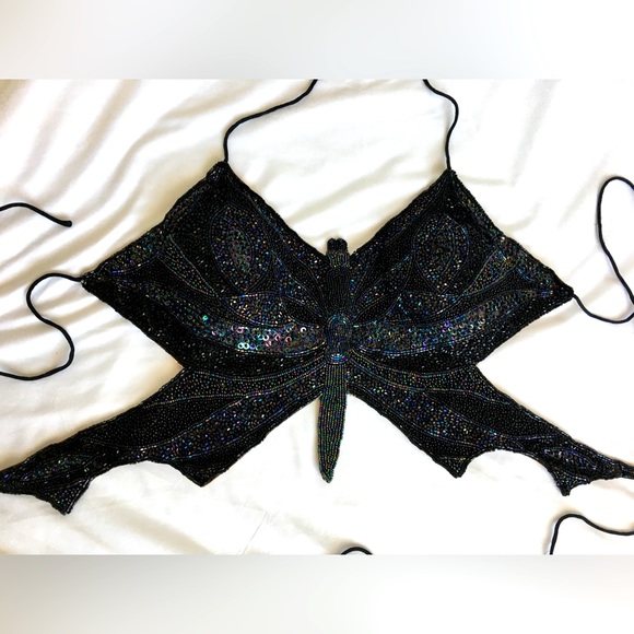 Cache Tops - Vintage 2001 Cache black/iridescent beaded/sequins heavy butterfly top